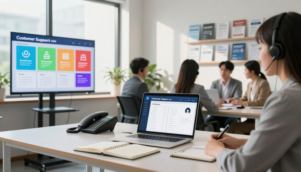 A modern office setting featuring various customer support channels and resources. In the foreground, a sleek desk with a laptop displaying a customer support dashboard, surrounded by open notebooks and a phone. The middle ground shows a colorful infographic on a large screen highlighting customer support KPIs, while a wall-mounted shelf displays brochures and FAQs neatly arranged. The background features a bright window with natural light pouring in, casting soft shadows. Professionals dressed in business attire engage in a collaborative discussion, showcasing a team-oriented atmosphere. The mood is focused and productive, emphasizing the importance of customer support in a thriving business environment. A modern office setting featuring various customer support channels and resources. In the foreground, a sleek desk with a laptop displaying a customer support dashboard, surrounded by open notebooks and a phone. The middle ground shows a colorful infographic on a large screen highlighting customer support KPIs, while a wall-mounted shelf displays brochures and FAQs neatly arranged. The background features a bright window with natural light pouring in, casting soft shadows. Professionals dressed in business attire engage in a collaborative discussion, showcasing a team-oriented atmosphere. The mood is focused and productive, emphasizing the importance of customer support in a thriving business environment.