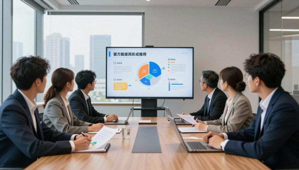 A modern office setting with a large wooden conference table in the foreground, surrounded by diverse professionals in smart business attire, attentively reviewing documents and charts. In the middle, a digital screen displays a clear infographic summarizing key business formation recommendations, highlighted with bright colors and icons for easy comprehension. The background features a large window with natural light pouring in, revealing a city skyline, creating an inspirational atmosphere. Soft, ambient lighting enhances the professionalism of the scene. The mood is one of collaboration and focus, emphasizing teamwork and strategic decision-making. The composition is balanced, with a slight angle that draws the viewer's eye into the discussion, depicting a sense of urgency and importance in the final recommendations being considered. A modern office setting with a large wooden conference table in the foreground, surrounded by diverse professionals in smart business attire, attentively reviewing documents and charts. In the middle, a digital screen displays a clear infographic summarizing key business formation recommendations, highlighted with bright colors and icons for easy comprehension. The background features a large window with natural light pouring in, revealing a city skyline, creating an inspirational atmosphere. Soft, ambient lighting enhances the professionalism of the scene. The mood is one of collaboration and focus, emphasizing teamwork and strategic decision-making. The composition is balanced, with a slight angle that draws the viewer's eye into the discussion, depicting a sense of urgency and importance in the final recommendations being considered.