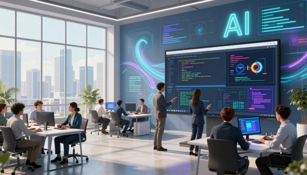 A modern, sleek coding platform workflow illustration, showcasing a vibrant digital workspace. In the foreground, a diverse group of professionals in business attire collaborates around a large interactive screen displaying colorful graphs, code snippets, and workflow diagrams. In the middle ground, modern office furniture and a large glass window reveal a city skyline, flooding the scene with natural light for a bright and energizing atmosphere. The background features abstract representations of AI algorithms and code flowing like streams of light, symbolizing the integration of emergent AI in the coding process. Use a wide-angle perspective to convey depth and dynamism, enhancing the sense of innovation and collaboration. The overall mood is inspiring and futuristic, reflecting the potential of AI-driven coding solutions. A modern, sleek coding platform workflow illustration, showcasing a vibrant digital workspace. In the foreground, a diverse group of professionals in business attire collaborates around a large interactive screen displaying colorful graphs, code snippets, and workflow diagrams. In the middle ground, modern office furniture and a large glass window reveal a city skyline, flooding the scene with natural light for a bright and energizing atmosphere. The background features abstract representations of AI algorithms and code flowing like streams of light, symbolizing the integration of emergent AI in the coding process. Use a wide-angle perspective to convey depth and dynamism, enhancing the sense of innovation and collaboration. The overall mood is inspiring and futuristic, reflecting the potential of AI-driven coding solutions.