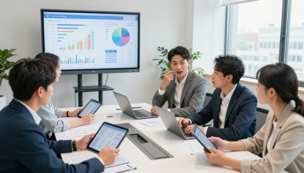 A professional-looking office environment with a large screen displaying graphs and analytics related to user reviews and feedback. In the foreground, a diverse group of business professionals, dressed in smart casual attire, closely examining data on tablets, showing animated expressions of intrigue and analysis. The middle ground captures a sleek conference table with paperwork and laptops scattered around, indicating active discussion. The background features a modern office with large windows allowing natural light to flood in, creating a bright and inviting atmosphere. Use warm lighting to enhance feelings of collaboration and positivity. Capture the scene from a slightly elevated angle to provide a comprehensive view of the discussion and data analysis taking place. A professional-looking office environment with a large screen displaying graphs and analytics related to user reviews and feedback. In the foreground, a diverse group of business professionals, dressed in smart casual attire, closely examining data on tablets, showing animated expressions of intrigue and analysis. The middle ground captures a sleek conference table with paperwork and laptops scattered around, indicating active discussion. The background features a modern office with large windows allowing natural light to flood in, creating a bright and inviting atmosphere. Use warm lighting to enhance feelings of collaboration and positivity. Capture the scene from a slightly elevated angle to provide a comprehensive view of the discussion and data analysis taking place.