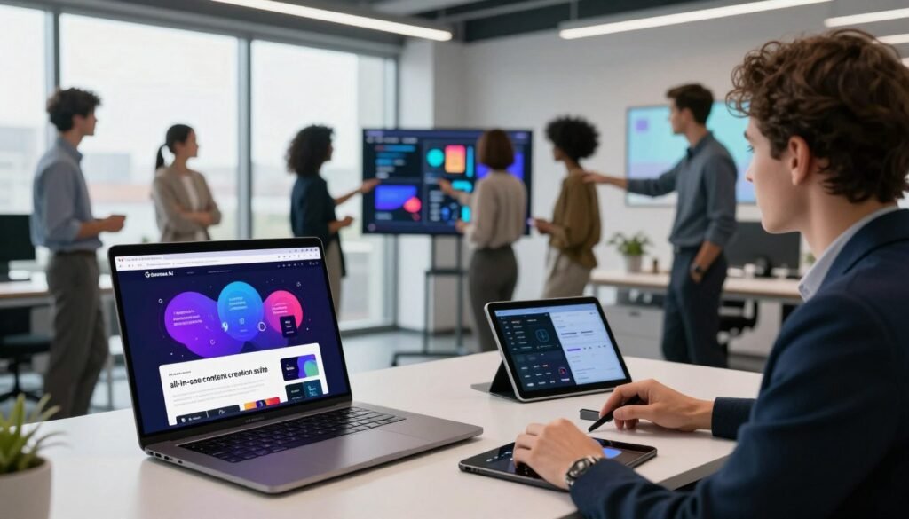 A sleek, futuristic workspace showcasing an "all-in-one content creation suite" that embodies Gamma AI's innovative technology. In the foreground, a modern workstation features a laptop displaying colorful presentation slides and a website design interface. There is a tablet on the desk with collaborative tools visible. In the middle ground, a diverse group of professionals in smart business attire engage in a collaborative brainstorming session, pointing at a digital screen that illustrates vibrant graphics and templates. The background reveals a well-lit office with large windows, casting natural light, and contemporary decor. The mood is dynamic and inspirational, capturing the essence of creativity and teamwork, with a clean, organized aesthetic. The scene is framed at eye-level, enhancing the focus on the collaborative spirit and technological sophistication. A sleek, futuristic workspace showcasing an "all-in-one content creation suite" that embodies Gamma AI's innovative technology. In the foreground, a modern workstation features a laptop displaying colorful presentation slides and a website design interface. There is a tablet on the desk with collaborative tools visible. In the middle ground, a diverse group of professionals in smart business attire engage in a collaborative brainstorming session, pointing at a digital screen that illustrates vibrant graphics and templates. The background reveals a well-lit office with large windows, casting natural light, and contemporary decor. The mood is dynamic and inspirational, capturing the essence of creativity and teamwork, with a clean, organized aesthetic. The scene is framed at eye-level, enhancing the focus on the collaborative spirit and technological sophistication.