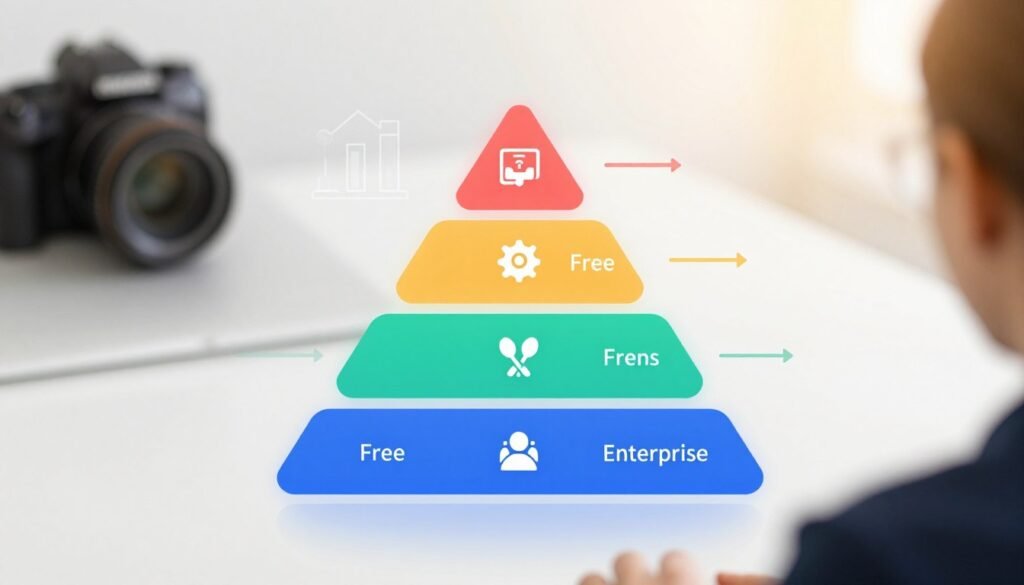 A visually engaging illustration of a pricing plan comparison chart, showcasing different tiers from Free to Enterprise. The foreground features sleek, modern icons representing each pricing plan, arranged in a tiered style with distinct colors for each level. The middle ground includes subtle graphical elements like arrows and lines to connect the plans, emphasizing progression. The background features a soft, gradient light effect creating an inviting atmosphere, resembling a professional workspace. A camera angle from slightly above adds depth, highlighting the layout. The mood is professional yet approachable, designed to convey clarity and ease of understanding for potential users exploring their options. The entire image should be free of text and any branding elements. A visually engaging illustration of a pricing plan comparison chart, showcasing different tiers from Free to Enterprise. The foreground features sleek, modern icons representing each pricing plan, arranged in a tiered style with distinct colors for each level. The middle ground includes subtle graphical elements like arrows and lines to connect the plans, emphasizing progression. The background features a soft, gradient light effect creating an inviting atmosphere, resembling a professional workspace. A camera angle from slightly above adds depth, highlighting the layout. The mood is professional yet approachable, designed to convey clarity and ease of understanding for potential users exploring their options. The entire image should be free of text and any branding elements.