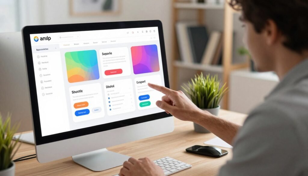 An inviting workspace showcasing an app builder interface on a sleek computer screen. In the foreground, a friendly, professional individual dressed in smart casual attire is actively using the platform, their expression showing focus and creativity. The middle ground features a digital dashboard, displaying various colorful apps and customizable elements like buttons, menus, and forms, illustrating versatility and ease of design. In the background, there are blurred shelves with tech books and plants, enhancing the atmosphere of innovation and productivity. Soft, natural lighting illuminates the scene, creating a warm and inspiring mood. The camera angle is slightly above eye level, emphasizing both the user and the interactive digital interface. An inviting workspace showcasing an app builder interface on a sleek computer screen. In the foreground, a friendly, professional individual dressed in smart casual attire is actively using the platform, their expression showing focus and creativity. The middle ground features a digital dashboard, displaying various colorful apps and customizable elements like buttons, menus, and forms, illustrating versatility and ease of design. In the background, there are blurred shelves with tech books and plants, enhancing the atmosphere of innovation and productivity. Soft, natural lighting illuminates the scene, creating a warm and inspiring mood. The camera angle is slightly above eye level, emphasizing both the user and the interactive digital interface.