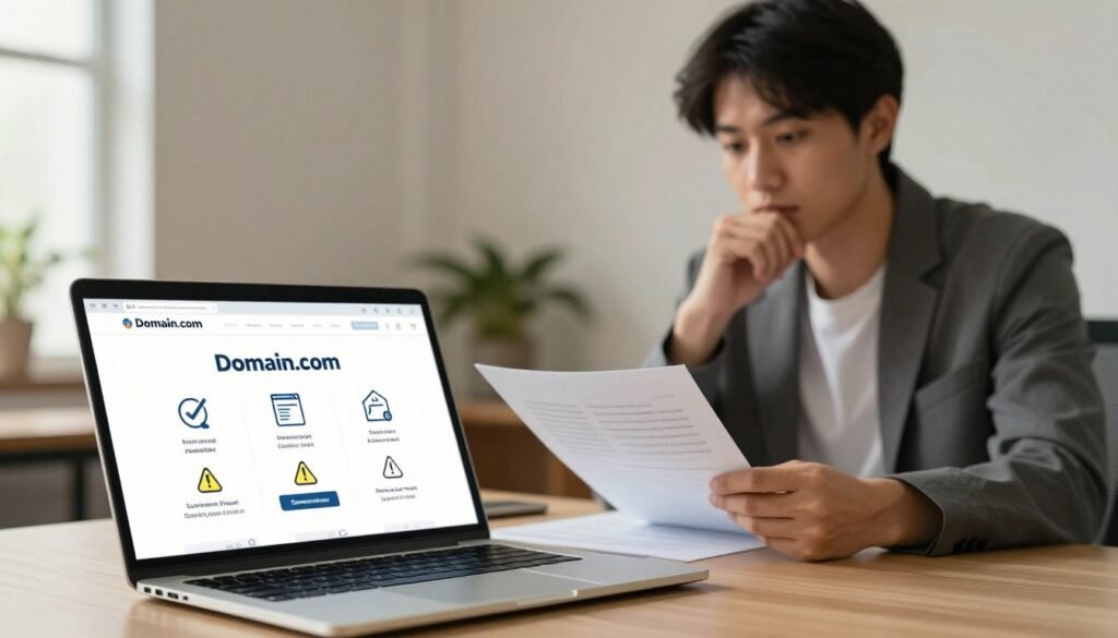 A divided visual representation showcasing the pros and cons of Domain.com. In the foreground, illustrate a sleek laptop open to a vibrant website interface featuring "Domain.com," surrounded by icons symbolizing advantages such as reliability, cost-effectiveness, and user-friendly design, represented by checkmarks. In contrast, display icons for drawbacks like limited customer support and higher renewal fees with caution signs. The middle ground should feature a professional businessperson, dressed in smart, casual attire, thoughtfully analyzing a document with a contemplative expression. The background may depict an office environment, softly lit with warm tones, creating a focused and serious atmosphere, emphasizing critical decision-making in domain registration. Use a slight blur effect on the background to highlight the foreground elements. A divided visual representation showcasing the pros and cons of Domain.com. In the foreground, illustrate a sleek laptop open to a vibrant website interface featuring "Domain.com," surrounded by icons symbolizing advantages such as reliability, cost-effectiveness, and user-friendly design, represented by checkmarks. In contrast, display icons for drawbacks like limited customer support and higher renewal fees with caution signs. The middle ground should feature a professional businessperson, dressed in smart, casual attire, thoughtfully analyzing a document with a contemplative expression. The background may depict an office environment, softly lit with warm tones, creating a focused and serious atmosphere, emphasizing critical decision-making in domain registration. Use a slight blur effect on the background to highlight the foreground elements.