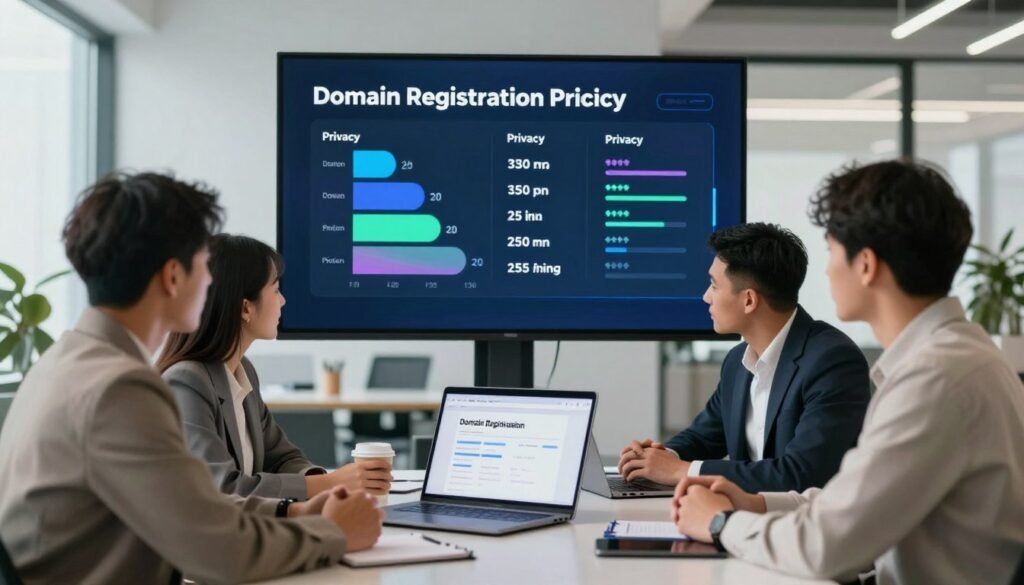 A professional and modern office environment showcasing the domain registration pricing privacy process. In the foreground, a diverse group of three business professionals in smart casual attire are engaged in a discussion, examining a laptop displaying domain registration options. The middle layer features a large digital screen with colorful charts and graphs illustrating pricing tiers and privacy options for domain registration, providing a tech-savvy and informative feel. The background displays a sleek, minimalist office interior with soft, natural lighting filtering through large windows, creating an inviting atmosphere. The overall mood is focused and collaborative, emphasizing professionalism and the ease of the domain registration process. A professional and modern office environment showcasing the domain registration pricing privacy process. In the foreground, a diverse group of three business professionals in smart casual attire are engaged in a discussion, examining a laptop displaying domain registration options. The middle layer features a large digital screen with colorful charts and graphs illustrating pricing tiers and privacy options for domain registration, providing a tech-savvy and informative feel. The background displays a sleek, minimalist office interior with soft, natural lighting filtering through large windows, creating an inviting atmosphere. The overall mood is focused and collaborative, emphasizing professionalism and the ease of the domain registration process.