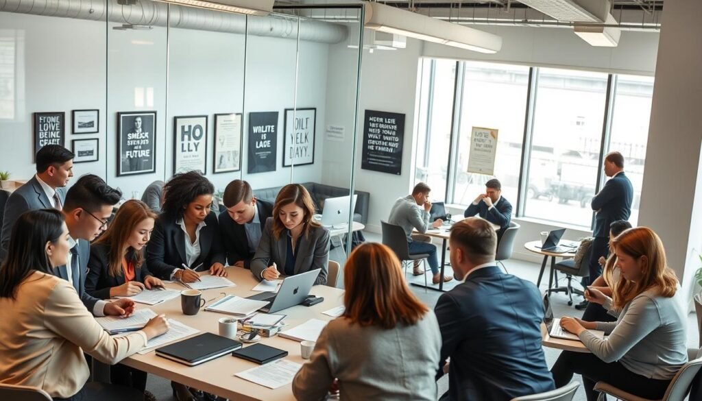 A bustling office environment is depicted, illustrating the application process for a fellowship. In the foreground, a diverse group of professionals dressed in smart business attire is engaged in a collaborative discussion around a large table filled with application documents, laptops, and coffee cups. In the middle, a clear glass wall separates this vibrant workspace from a more subdued area where individuals are focused on writing and reflecting, with framed photos and motivational posters on the walls. In the background, large windows allow soft, natural light to illuminate the scene, creating an atmosphere of productivity and hope. The angle captures the dynamism of teamwork, highlighting the commitment to impact investing. The overall mood conveys inspiration, professionalism, and engagement, suggesting a path toward funding for the future. A bustling office environment is depicted, illustrating the application process for a fellowship. In the foreground, a diverse group of professionals dressed in smart business attire is engaged in a collaborative discussion around a large table filled with application documents, laptops, and coffee cups. In the middle, a clear glass wall separates this vibrant workspace from a more subdued area where individuals are focused on writing and reflecting, with framed photos and motivational posters on the walls. In the background, large windows allow soft, natural light to illuminate the scene, creating an atmosphere of productivity and hope. The angle captures the dynamism of teamwork, highlighting the commitment to impact investing. The overall mood conveys inspiration, professionalism, and engagement, suggesting a path toward funding for the future.