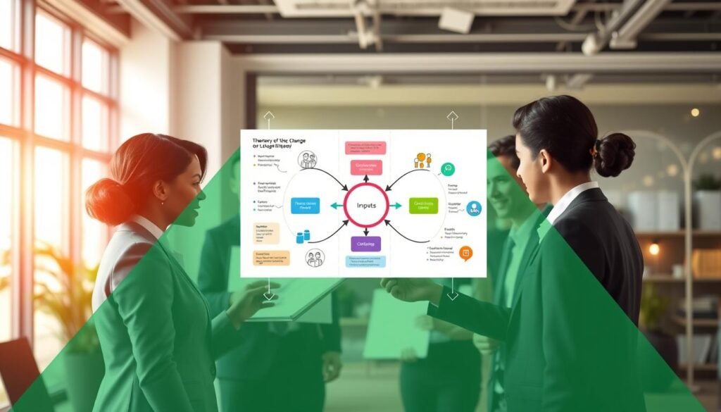 A detailed illustration of a "Theory of Change Logic Model Integration" concept, featuring three layers. In the foreground, a diverse group of professionals in smart business attire, engaged in discussing a colorful diagram of a logic model, using visual aids like charts and sticky notes. In the middle, the logic model diagram itself, representing inputs, activities, outputs, and outcomes with arrows indicating flow, surrounded by icons symbolizing various stakeholders and impact areas. In the background, a modern office space with soft, natural lighting illuminating the scene, creating an atmosphere of collaboration and strategic planning. The image should evoke a sense of innovation and purposeful design, highlighting the transformative power of integrating theory of change with logic models. A detailed illustration of a "Theory of Change Logic Model Integration" concept, featuring three layers. In the foreground, a diverse group of professionals in smart business attire, engaged in discussing a colorful diagram of a logic model, using visual aids like charts and sticky notes. In the middle, the logic model diagram itself, representing inputs, activities, outputs, and outcomes with arrows indicating flow, surrounded by icons symbolizing various stakeholders and impact areas. In the background, a modern office space with soft, natural lighting illuminating the scene, creating an atmosphere of collaboration and strategic planning. The image should evoke a sense of innovation and purposeful design, highlighting the transformative power of integrating theory of change with logic models.