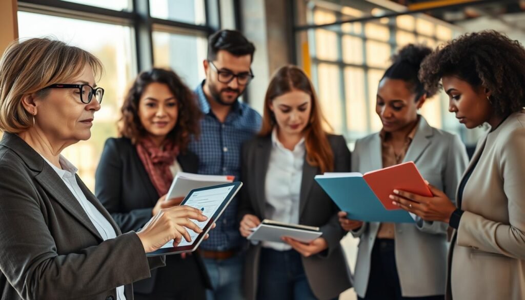A diverse group of professionals engaged in a collaborative meeting focused on stakeholder involvement in impact measurement. In the foreground, a middle-aged woman with glasses, dressed in business attire, is actively presenting data on a digital tablet to a group of attentive colleagues. The middle layer features three male and female professionals, representing various ethnicities, discussing ideas with notebooks and laptops open, showcasing a mix of expressions from curiosity to concentration. The background reveals a modern office setting with large windows letting in warm, natural light, casting soft shadows. The atmosphere is dynamic and focused, emphasizing collaboration and innovation, captured from a slightly elevated angle to highlight both the participants and the vibrant workspace. A diverse group of professionals engaged in a collaborative meeting focused on stakeholder involvement in impact measurement. In the foreground, a middle-aged woman with glasses, dressed in business attire, is actively presenting data on a digital tablet to a group of attentive colleagues. The middle layer features three male and female professionals, representing various ethnicities, discussing ideas with notebooks and laptops open, showcasing a mix of expressions from curiosity to concentration. The background reveals a modern office setting with large windows letting in warm, natural light, casting soft shadows. The atmosphere is dynamic and focused, emphasizing collaboration and innovation, captured from a slightly elevated angle to highlight both the participants and the vibrant workspace.