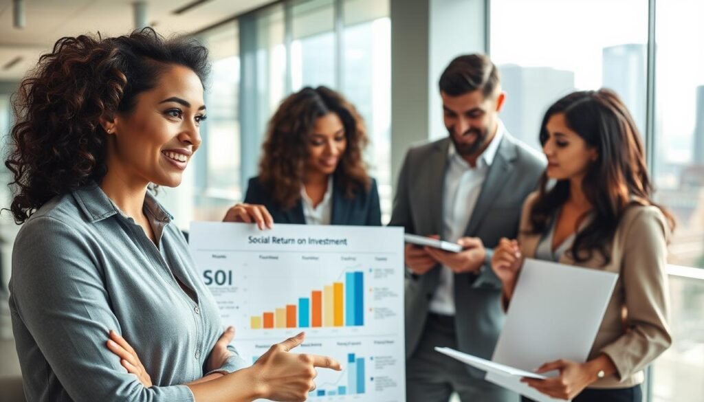A dynamic business meeting scene in a modern office, showcasing a diverse group of professionals engaged in discussing strategies to overcome Social Return on Investment (SROI) challenges. In the foreground, a confident female leader points to a large chart illustrating best practices, her expression focused and motivational. In the middle ground, two colleagues, one male and one female, are taking notes and nodding in agreement, dressed in professional attire. The background features a glass wall with a cityscape view, sunlight streaming through, creating a warm and optimistic atmosphere. The scene evokes a collaborative and problem-solving mood, captured in bright, natural lighting with a slight depth of field for a polished, professional look. A dynamic business meeting scene in a modern office, showcasing a diverse group of professionals engaged in discussing strategies to overcome Social Return on Investment (SROI) challenges. In the foreground, a confident female leader points to a large chart illustrating best practices, her expression focused and motivational. In the middle ground, two colleagues, one male and one female, are taking notes and nodding in agreement, dressed in professional attire. The background features a glass wall with a cityscape view, sunlight streaming through, creating a warm and optimistic atmosphere. The scene evokes a collaborative and problem-solving mood, captured in bright, natural lighting with a slight depth of field for a polished, professional look.