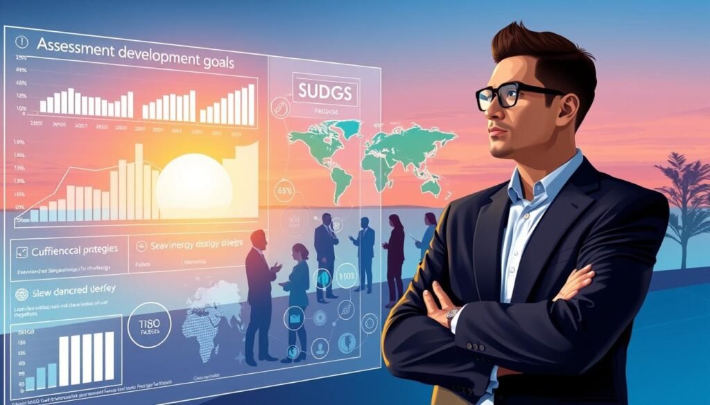 A dynamic illustration depicting the concept of "Assessment of Progress and Future Challenges" in relation to the Sustainable Development Goals (SDGs). In the foreground, a thoughtful business professional, dressed in smart attire, stands looking at a transparent digital screen displaying graphs and statistics representing progress and challenges ahead. In the middle ground, a diverse group of professionals collaboratively discussing strategies, surrounded by maps and icons symbolizing various SDGs, such as clean energy and poverty reduction. The background features a horizon with a sunrise, symbolizing hope and future possibilities. Soft, warm lighting accentuates the vibrant colors of the digital interface, creating an optimistic and progressive atmosphere, captured from a slightly elevated angle to emphasize the collaborative effort. A dynamic illustration depicting the concept of "Assessment of Progress and Future Challenges" in relation to the Sustainable Development Goals (SDGs). In the foreground, a thoughtful business professional, dressed in smart attire, stands looking at a transparent digital screen displaying graphs and statistics representing progress and challenges ahead. In the middle ground, a diverse group of professionals collaboratively discussing strategies, surrounded by maps and icons symbolizing various SDGs, such as clean energy and poverty reduction. The background features a horizon with a sunrise, symbolizing hope and future possibilities. Soft, warm lighting accentuates the vibrant colors of the digital interface, creating an optimistic and progressive atmosphere, captured from a slightly elevated angle to emphasize the collaborative effort.