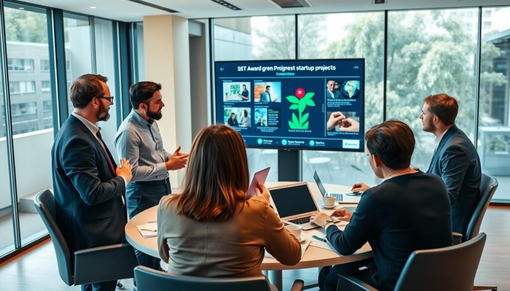 A focused scene depicting the SET Award jury selection process in a modern conference room. In the foreground, diverse jury members—three men and two women—are engaged in an animated discussion, dressed in professional business attire. One jury member is gesturing towards a large screen displaying presentations of green startup projects while the others take notes thoughtfully. In the middle ground, a round table filled with laptops, documents, and coffee cups suggests a collaborative atmosphere. The background features glass windows allowing natural light to flood the room, creating a vibrant yet serious mood. The setting conveys a sense of innovation and professionalism, highlighting the importance of the selection process for sustainable business initiatives. The imagery should be crisp and well-lit, capturing the dynamic energy of the event. A focused scene depicting the SET Award jury selection process in a modern conference room. In the foreground, diverse jury members—three men and two women—are engaged in an animated discussion, dressed in professional business attire. One jury member is gesturing towards a large screen displaying presentations of green startup projects while the others take notes thoughtfully. In the middle ground, a round table filled with laptops, documents, and coffee cups suggests a collaborative atmosphere. The background features glass windows allowing natural light to flood the room, creating a vibrant yet serious mood. The setting conveys a sense of innovation and professionalism, highlighting the importance of the selection process for sustainable business initiatives. The imagery should be crisp and well-lit, capturing the dynamic energy of the event.