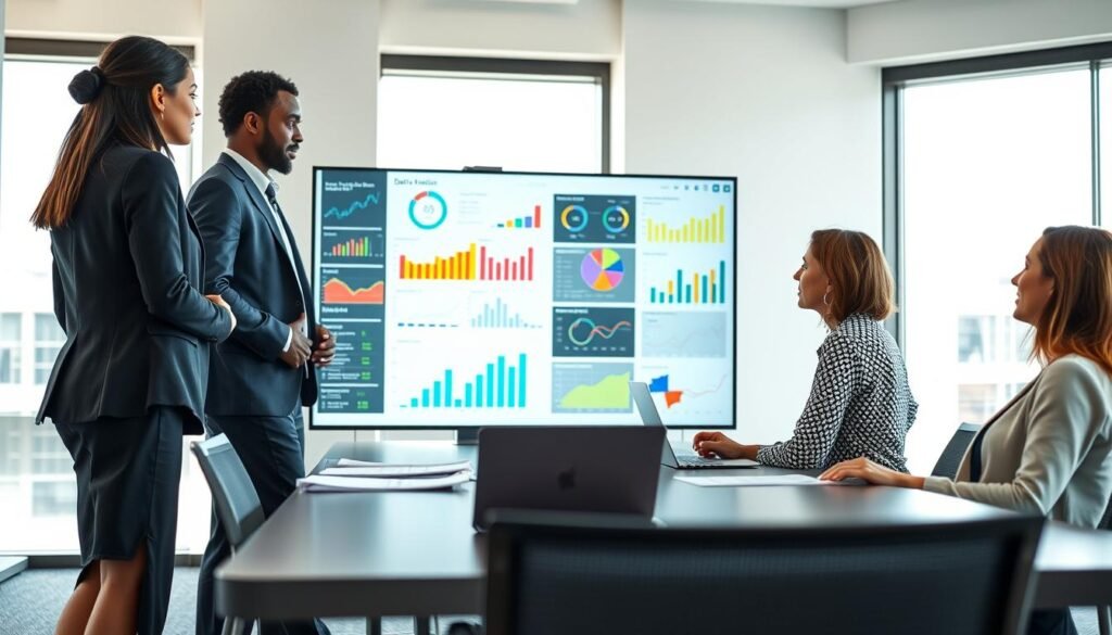 A modern office workspace illustrating data analysis validation, featuring a large screen displaying colorful data visualizations and graphs. In the foreground, a diverse team of three professionals in business attire—an Asian woman, a Black man, and a Caucasian woman—are engaged in a discussion, analyzing the data on the screen. The middle ground shows a sleek conference table scattered with reports and laptops, while in the background, large windows let in natural light, casting soft shadows. The atmosphere is collaborative and dynamic, reflecting a productive brainstorming session. The lighting is bright and even, emphasizing clarity and focus, while the angle captures both the screen and the team, creating an immersive feel. A modern office workspace illustrating data analysis validation, featuring a large screen displaying colorful data visualizations and graphs. In the foreground, a diverse team of three professionals in business attire—an Asian woman, a Black man, and a Caucasian woman—are engaged in a discussion, analyzing the data on the screen. The middle ground shows a sleek conference table scattered with reports and laptops, while in the background, large windows let in natural light, casting soft shadows. The atmosphere is collaborative and dynamic, reflecting a productive brainstorming session. The lighting is bright and even, emphasizing clarity and focus, while the angle captures both the screen and the team, creating an immersive feel.