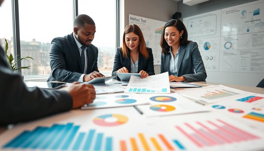 A modern, professional workspace featuring a diverse group of individuals examining various measurement tools and metrics. In the foreground, a clearly defined table displays an array of colorful graphs, charts, and digital devices like tablets and laptops. In the middle ground, two professionals, one Black male and one Asian female, are actively discussing and pointing at the data, dressed in smart business attire. The background shows a large whiteboard filled with strategic notes and mind maps, illuminated by soft, natural light streaming through large windows, creating a collaborative and innovative atmosphere. The lens captures the scene from an eye-level angle, focusing on the dynamic interaction and thoughtful engagement in selecting the right metrics. The overall mood is focused and inspiring, highlighting the importance of effective measurement in social impact. A modern, professional workspace featuring a diverse group of individuals examining various measurement tools and metrics. In the foreground, a clearly defined table displays an array of colorful graphs, charts, and digital devices like tablets and laptops. In the middle ground, two professionals, one Black male and one Asian female, are actively discussing and pointing at the data, dressed in smart business attire. The background shows a large whiteboard filled with strategic notes and mind maps, illuminated by soft, natural light streaming through large windows, creating a collaborative and innovative atmosphere. The lens captures the scene from an eye-level angle, focusing on the dynamic interaction and thoughtful engagement in selecting the right metrics. The overall mood is focused and inspiring, highlighting the importance of effective measurement in social impact.