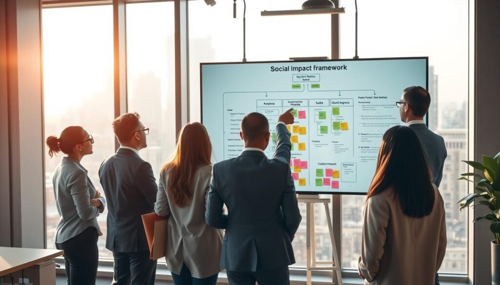 A modern workspace featuring a detailed social impact framework displayed on a large screen. In the foreground, a diverse group of professionals in business attire stands engaged in discussion, with one person pointing at a flowchart illustrating key metrics for measuring social impact. The middle ground includes a large whiteboard filled with colorful sticky notes and diagrams outlining strategies and goals. The background showcases glass windows revealing a city skyline, bathed in soft, natural light, creating a bright and inspiring atmosphere. The focus is on collaboration and analysis, as the professionals express determination and focus on the task at hand. The overall mood is invigorating and forward-thinking, emphasizing the importance of structured approaches to social impact. A modern workspace featuring a detailed social impact framework displayed on a large screen. In the foreground, a diverse group of professionals in business attire stands engaged in discussion, with one person pointing at a flowchart illustrating key metrics for measuring social impact. The middle ground includes a large whiteboard filled with colorful sticky notes and diagrams outlining strategies and goals. The background showcases glass windows revealing a city skyline, bathed in soft, natural light, creating a bright and inspiring atmosphere. The focus is on collaboration and analysis, as the professionals express determination and focus on the task at hand. The overall mood is invigorating and forward-thinking, emphasizing the importance of structured approaches to social impact.