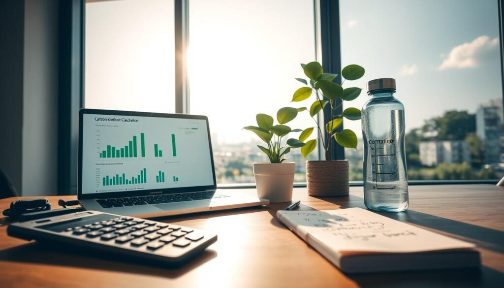 A modern workspace showcasing practical carbon calculation tools. In the foreground, a sleek calculator, a laptop displaying a detailed carbon footprint analysis, and a notepad with handwritten notes. The middle layer features an eco-friendly plant and a reusable water bottle symbolizing sustainability. In the background, a large window with sunlight streaming in, illuminating a cityscape filled with trees and green spaces, representing a clean environment. The lighting is warm and inviting, creating a focused yet optimistic atmosphere. Using a wide-angle lens, the image captures the essence of an eco-conscious workspace, with an emphasis on professional yet approachable design elements that encourage accurate carbon measurements. A modern workspace showcasing practical carbon calculation tools. In the foreground, a sleek calculator, a laptop displaying a detailed carbon footprint analysis, and a notepad with handwritten notes. The middle layer features an eco-friendly plant and a reusable water bottle symbolizing sustainability. In the background, a large window with sunlight streaming in, illuminating a cityscape filled with trees and green spaces, representing a clean environment. The lighting is warm and inviting, creating a focused yet optimistic atmosphere. Using a wide-angle lens, the image captures the essence of an eco-conscious workspace, with an emphasis on professional yet approachable design elements that encourage accurate carbon measurements.
