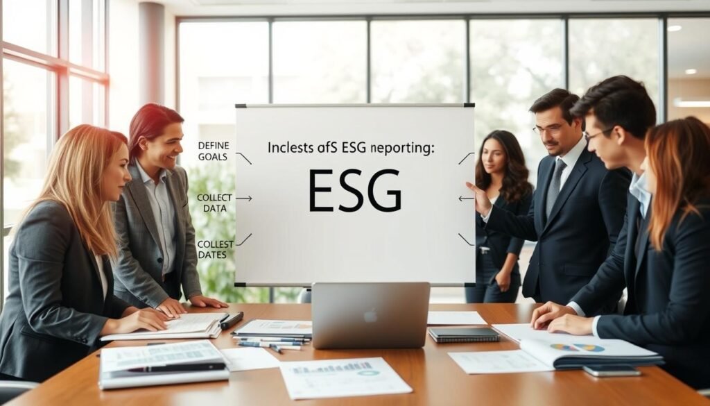 A professional business setting depicting a step-by-step process of implementing ESG reporting. In the foreground, a diverse group of four individuals in professional business attire are engaged in a discussion around a table filled with documents and a laptop displaying graphs and charts. In the middle, a large whiteboard outlines a clear pathway with bullet points highlighting the key steps of ESG reporting, like "Define Goals" and "Collect Data." In the background, a large window lets in natural light, creating an open and inviting atmosphere. The overall mood is collaborative and focused, emphasizing the importance of sustainability and responsibility in business practices. The image should be well-lit, with a slight blur effect on the background to keep the focus on the individuals and the whiteboard. A professional business setting depicting a step-by-step process of implementing ESG reporting. In the foreground, a diverse group of four individuals in professional business attire are engaged in a discussion around a table filled with documents and a laptop displaying graphs and charts. In the middle, a large whiteboard outlines a clear pathway with bullet points highlighting the key steps of ESG reporting, like "Define Goals" and "Collect Data." In the background, a large window lets in natural light, creating an open and inviting atmosphere. The overall mood is collaborative and focused, emphasizing the importance of sustainability and responsibility in business practices. The image should be well-lit, with a slight blur effect on the background to keep the focus on the individuals and the whiteboard.