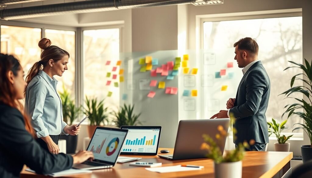 A professional, busy nonprofit workspace illustrating best practices in the nonprofit and CSR sectors. In the foreground, a diverse group of three individuals in business attire—one woman and two men—are engaged in a collaborative discussion over charts and laptops displaying impact metrics. The middle ground features a large, transparent whiteboard filled with colorful sticky notes and diagrams, reflecting strategic planning. In the background, sunlight streams through large windows, casting soft shadows that create a warm and inviting atmosphere. Potted plants add a touch of nature, and the overall mood is one of teamwork, innovation, and a commitment to social responsibility. Use natural lighting for a vibrant, optimistic feel, with a slightly shallow depth of field to focus on the group’s interaction. A professional, busy nonprofit workspace illustrating best practices in the nonprofit and CSR sectors. In the foreground, a diverse group of three individuals in business attire—one woman and two men—are engaged in a collaborative discussion over charts and laptops displaying impact metrics. The middle ground features a large, transparent whiteboard filled with colorful sticky notes and diagrams, reflecting strategic planning. In the background, sunlight streams through large windows, casting soft shadows that create a warm and inviting atmosphere. Potted plants add a touch of nature, and the overall mood is one of teamwork, innovation, and a commitment to social responsibility. Use natural lighting for a vibrant, optimistic feel, with a slightly shallow depth of field to focus on the group’s interaction.