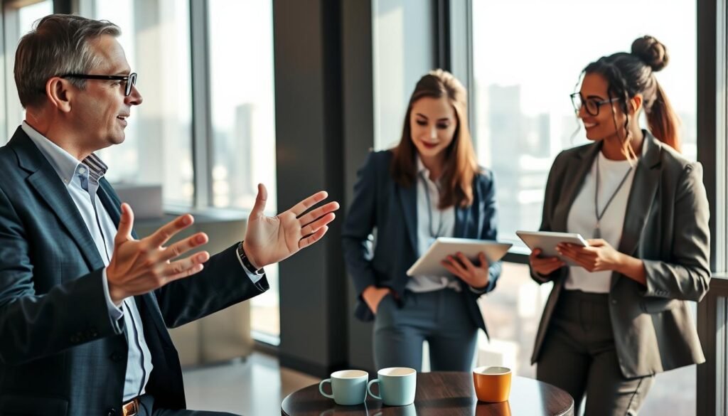 A professional mentoring scene in a well-lit modern office setting, showcasing a diverse group of three individuals engaged in a dynamic networking session. In the foreground, a middle-aged man with glasses, dressed in a tailored suit, enthusiastically gestures with his hands while explaining a concept. Next to him, a young woman in smart casual attire attentively listens, taking notes on a tablet. In the background, a window reveals a skyline view, bathing the room in soft natural light, enhancing the warm and collaborative atmosphere. The middle ground includes a small table with coffee cups and notebooks, emphasizing a casual yet focused environment. The overall mood conveys energy, connection, and a commitment to growth, perfect for illustrating mentorship and networking opportunities. A professional mentoring scene in a well-lit modern office setting, showcasing a diverse group of three individuals engaged in a dynamic networking session. In the foreground, a middle-aged man with glasses, dressed in a tailored suit, enthusiastically gestures with his hands while explaining a concept. Next to him, a young woman in smart casual attire attentively listens, taking notes on a tablet. In the background, a window reveals a skyline view, bathing the room in soft natural light, enhancing the warm and collaborative atmosphere. The middle ground includes a small table with coffee cups and notebooks, emphasizing a casual yet focused environment. The overall mood conveys energy, connection, and a commitment to growth, perfect for illustrating mentorship and networking opportunities.