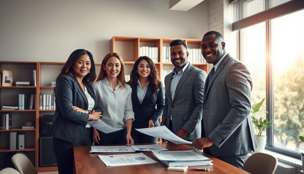 A professional nonprofit team, dressed in business attire, stands confidently together in an office setting, conveying trust and collaboration. In the foreground, a diverse group of four individuals, including a woman of Asian descent and a man of African descent, engage in discussion around a table filled with reports and charts. The middle ground features a large window showcasing a bright, sunny day, symbolizing hope and transparency. In the background, a bookshelf filled with nonprofit-related materials emphasizes knowledge and credibility. Soft, natural lighting filters through the window, creating a warm and inviting atmosphere. The angle captures the teamwork spirit, expressing a strong connection with donors through visible engagement and shared goals. The overall mood is optimistic and inspiring, reflecting the success of building trust in nonprofit organizations. A professional nonprofit team, dressed in business attire, stands confidently together in an office setting, conveying trust and collaboration. In the foreground, a diverse group of four individuals, including a woman of Asian descent and a man of African descent, engage in discussion around a table filled with reports and charts. The middle ground features a large window showcasing a bright, sunny day, symbolizing hope and transparency. In the background, a bookshelf filled with nonprofit-related materials emphasizes knowledge and credibility. Soft, natural lighting filters through the window, creating a warm and inviting atmosphere. The angle captures the teamwork spirit, expressing a strong connection with donors through visible engagement and shared goals. The overall mood is optimistic and inspiring, reflecting the success of building trust in nonprofit organizations.