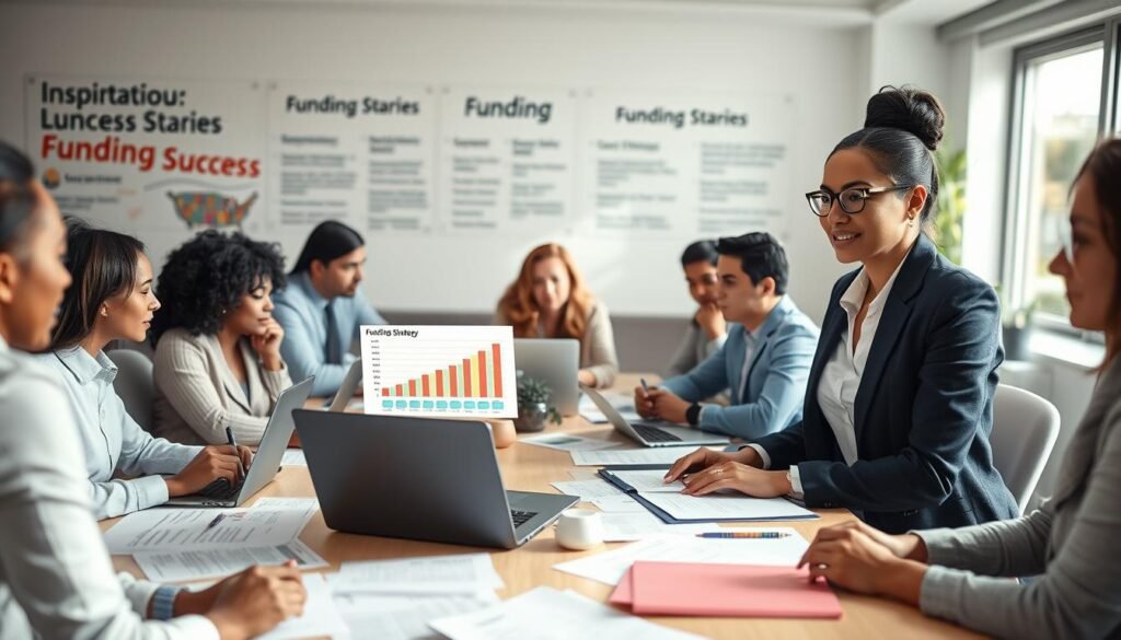A professional office setting filled with diverse individuals engaged in collaborative discussions over a large table strewn with funding application papers and laptops. In the foreground, a confident woman in smart business attire presents a compelling strategy using a chart on her laptop, while colleagues listen intently, taking notes. The middle ground showcases a dynamic exchange of ideas, with an atmosphere of enthusiasm and focus. The background features a wall with inspirational funding success stories. Soft, natural lighting filters through large windows, casting a warm glow on the scene. The image exudes a mood of motivation and teamwork, capturing the essence of effective strategies for funding applications. A professional office setting filled with diverse individuals engaged in collaborative discussions over a large table strewn with funding application papers and laptops. In the foreground, a confident woman in smart business attire presents a compelling strategy using a chart on her laptop, while colleagues listen intently, taking notes. The middle ground showcases a dynamic exchange of ideas, with an atmosphere of enthusiasm and focus. The background features a wall with inspirational funding success stories. Soft, natural lighting filters through large windows, casting a warm glow on the scene. The image exudes a mood of motivation and teamwork, capturing the essence of effective strategies for funding applications.
