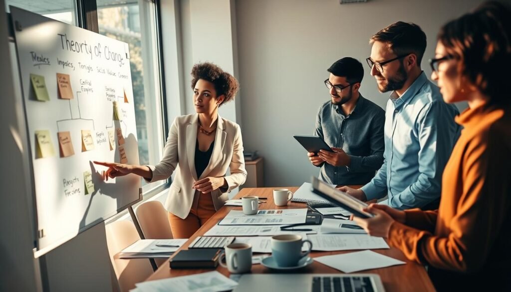 A professional workspace featuring a diverse group of individuals collaborating on a Theory of Change for social value creation. In the foreground, a well-dressed woman pointing at a flowchart on a whiteboard, with sticky notes illustrating impactful social outcomes. Beside her, a bespectacled man taking notes on a tablet, showing engagement. In the middle, a large table cluttered with documents, graphs, and cups of coffee, reflecting focused brainstorming. The background includes a large window with natural light pouring in, casting a warm glow over the scene, emphasizing an atmosphere of innovation and collaboration. Soft shadows enhance depth, capturing the essence of teamwork dedicated to social impact. A professional workspace featuring a diverse group of individuals collaborating on a Theory of Change for social value creation. In the foreground, a well-dressed woman pointing at a flowchart on a whiteboard, with sticky notes illustrating impactful social outcomes. Beside her, a bespectacled man taking notes on a tablet, showing engagement. In the middle, a large table cluttered with documents, graphs, and cups of coffee, reflecting focused brainstorming. The background includes a large window with natural light pouring in, casting a warm glow over the scene, emphasizing an atmosphere of innovation and collaboration. Soft shadows enhance depth, capturing the essence of teamwork dedicated to social impact.