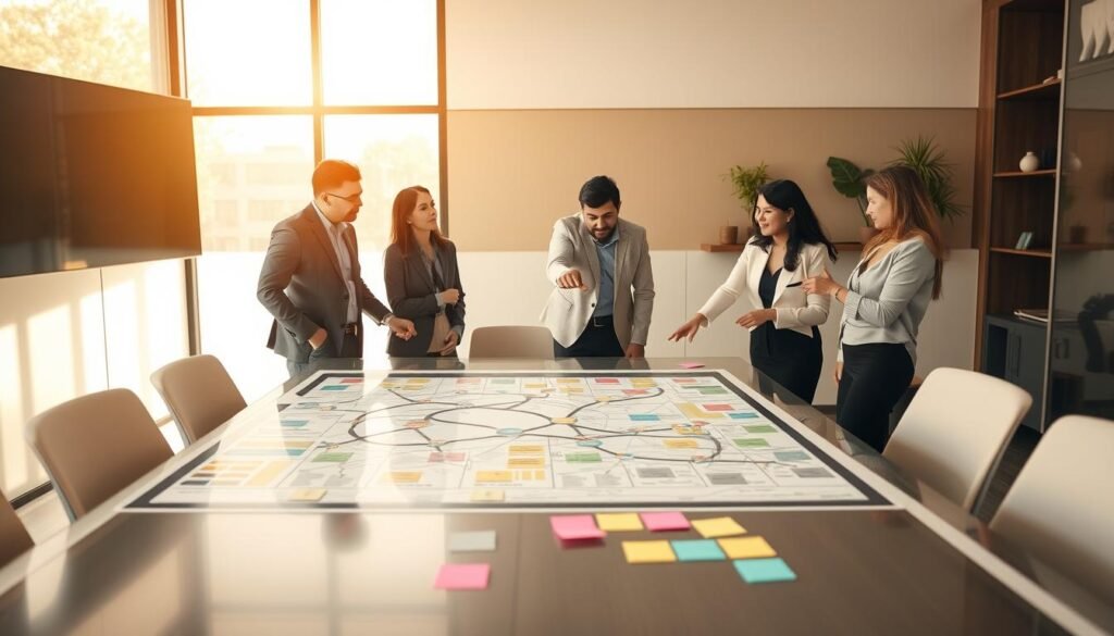 A professional workspace featuring a large, detailed stakeholder map displayed on a sleek, modern conference table. In the foreground, a diverse group of three professionals, dressed in business attire, are engaged in a discussion, pointing towards different sections of the map. The middle ground shows a variety of colorful sticky notes and charts scattered across the table, illustrating key stakeholder categories and relationships. The background includes a large window letting in warm, natural light, creating a vibrant atmosphere. The room is styled with contemporary decor, enhancing a collaborative and focused mood. Capture the scene with a slight depth of field, emphasizing the professionals while subtly blurring the background elements for a clean, polished look. A professional workspace featuring a large, detailed stakeholder map displayed on a sleek, modern conference table. In the foreground, a diverse group of three professionals, dressed in business attire, are engaged in a discussion, pointing towards different sections of the map. The middle ground shows a variety of colorful sticky notes and charts scattered across the table, illustrating key stakeholder categories and relationships. The background includes a large window letting in warm, natural light, creating a vibrant atmosphere. The room is styled with contemporary decor, enhancing a collaborative and focused mood. Capture the scene with a slight depth of field, emphasizing the professionals while subtly blurring the background elements for a clean, polished look.
