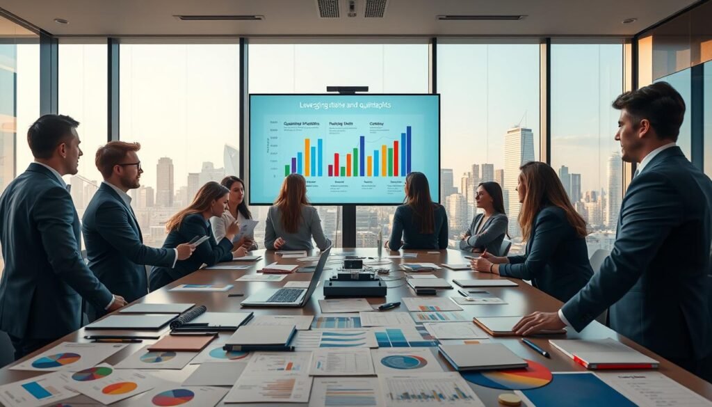 A professional workspace illustrating the concept of leveraging qualitative and quantitative insights. In the foreground, a diverse group of business professionals in smart attire are engaged in a dynamic discussion around a large conference table scattered with colorful charts, graphs, and notepads. The middle ground features a digital screen displaying an animated infographic that highlights the integration of qualitative feedback and quantitative data. In the background, a large window offers a panoramic view of a modern city skyline bathed in soft natural light, creating an optimistic atmosphere. The scene conveys collaboration and strategic thinking, with a focus on innovative problem-solving in a sleek and modern office environment. Shot with a wide-angle lens to capture the energy and engagement of the group, illuminated by warm, inviting lighting. A professional workspace illustrating the concept of leveraging qualitative and quantitative insights. In the foreground, a diverse group of business professionals in smart attire are engaged in a dynamic discussion around a large conference table scattered with colorful charts, graphs, and notepads. The middle ground features a digital screen displaying an animated infographic that highlights the integration of qualitative feedback and quantitative data. In the background, a large window offers a panoramic view of a modern city skyline bathed in soft natural light, creating an optimistic atmosphere. The scene conveys collaboration and strategic thinking, with a focus on innovative problem-solving in a sleek and modern office environment. Shot with a wide-angle lens to capture the energy and engagement of the group, illuminated by warm, inviting lighting.