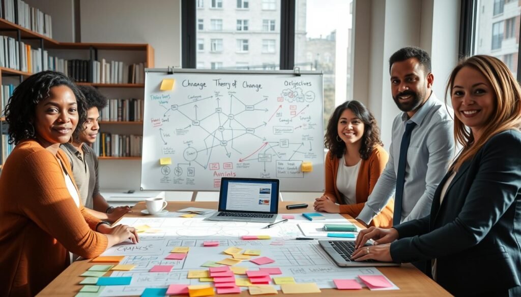 A professional workspace illustrating the process of developing a Theory of Change. In the foreground, a diverse group of three individuals, dressed in smart casual attire, collaborate around a large table covered with colorful sticky notes, diagrams, and a laptop displaying a flowchart. In the middle, a whiteboard filled with hand-drawn models of change, arrows, and objectives visually represents connection and progress. In the background, shelves lined with books and charts create an academic atmosphere. Soft, natural lighting filters through large windows, highlighting the focus and determination on the participants' faces. The mood is collaborative and innovative, conveying a sense of purpose and creativity in the theory development process. The image is framed at eye level to capture the engagement and teamwork. A professional workspace illustrating the process of developing a Theory of Change. In the foreground, a diverse group of three individuals, dressed in smart casual attire, collaborate around a large table covered with colorful sticky notes, diagrams, and a laptop displaying a flowchart. In the middle, a whiteboard filled with hand-drawn models of change, arrows, and objectives visually represents connection and progress. In the background, shelves lined with books and charts create an academic atmosphere. Soft, natural lighting filters through large windows, highlighting the focus and determination on the participants' faces. The mood is collaborative and innovative, conveying a sense of purpose and creativity in the theory development process. The image is framed at eye level to capture the engagement and teamwork.