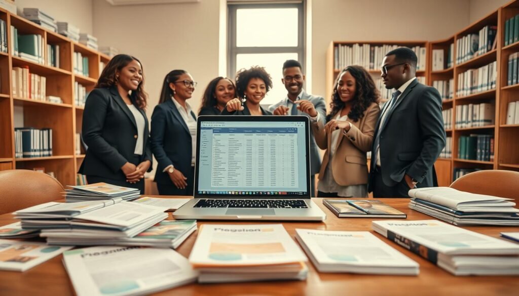 A professional workspace showcasing curated lists of grants and support programs for NGOs in Africa. In the foreground, a wooden desk is laden with neatly organized paper files, colorful brochures, and a laptop displaying a detailed spreadsheet of funding opportunities. In the middle ground, a diverse group of four professionals in smart business attire discuss and point at the data on the laptop, emphasizing collaboration and support. Bookshelves filled with resource materials and reports line the background, bathed in warm, natural light from a large window, creating an inviting and hopeful atmosphere. The camera angle is slightly elevated, capturing the teamwork and dedication to seeking funding for impactful projects. The overall mood is one of optimism and empowerment. A professional workspace showcasing curated lists of grants and support programs for NGOs in Africa. In the foreground, a wooden desk is laden with neatly organized paper files, colorful brochures, and a laptop displaying a detailed spreadsheet of funding opportunities. In the middle ground, a diverse group of four professionals in smart business attire discuss and point at the data on the laptop, emphasizing collaboration and support. Bookshelves filled with resource materials and reports line the background, bathed in warm, natural light from a large window, creating an inviting and hopeful atmosphere. The camera angle is slightly elevated, capturing the teamwork and dedication to seeking funding for impactful projects. The overall mood is one of optimism and empowerment.