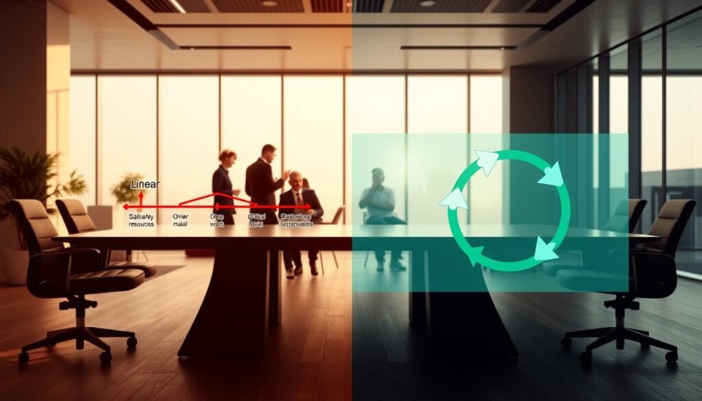 A split composition illustrating the comparison between linear and circular economic models. In the foreground, depict a stylized, modern conference table featuring two distinct diagrams: one representing the linear model with a straightforward, one-way flow of resources, and the other showcasing the circular model with a cyclical, interconnected design emphasizing sustainability. The middle ground features professional individuals in business attire engaging in discussion, analyzing the diagrams. In the background, a sleek office environment with large windows allows natural light to flood the space, creating an atmosphere of innovation and collaboration. Soft shadows enhance the depth, while a warm color palette conveys a positive and forward-thinking mood. A split composition illustrating the comparison between linear and circular economic models. In the foreground, depict a stylized, modern conference table featuring two distinct diagrams: one representing the linear model with a straightforward, one-way flow of resources, and the other showcasing the circular model with a cyclical, interconnected design emphasizing sustainability. The middle ground features professional individuals in business attire engaging in discussion, analyzing the diagrams. In the background, a sleek office environment with large windows allows natural light to flood the space, creating an atmosphere of innovation and collaboration. Soft shadows enhance the depth, while a warm color palette conveys a positive and forward-thinking mood.