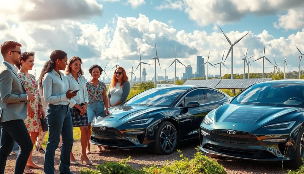 A vibrant and dynamic scene reflecting sustainable practices in fashion, energy, and automotive industries. In the foreground, a diverse group of professionals in smart casual clothing discusses eco-friendly fashion designs on sustainable fabrics. In the middle ground, sleek electric cars display solar panels integrated into their designs, surrounded by greenery and recycled materials. The background features a skyline with wind turbines and solar panels, symbolizing clean energy. The atmosphere is bright and optimistic, with sunlight filtering through cloudy skies, creating a positive ambiance. Use a wide-angle lens to emphasize the interconnectedness of these sustainable practices, capturing the essence of a thriving circular economy. The composition should evoke innovation and collaboration. A vibrant and dynamic scene reflecting sustainable practices in fashion, energy, and automotive industries. In the foreground, a diverse group of professionals in smart casual clothing discusses eco-friendly fashion designs on sustainable fabrics. In the middle ground, sleek electric cars display solar panels integrated into their designs, surrounded by greenery and recycled materials. The background features a skyline with wind turbines and solar panels, symbolizing clean energy. The atmosphere is bright and optimistic, with sunlight filtering through cloudy skies, creating a positive ambiance. Use a wide-angle lens to emphasize the interconnectedness of these sustainable practices, capturing the essence of a thriving circular economy. The composition should evoke innovation and collaboration.