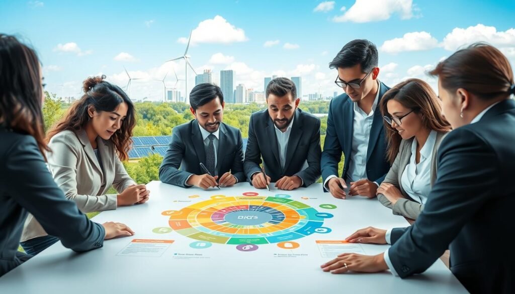 A vibrant and engaging scene representing the Sustainable Development Goals (SDGs) in a real-world context. In the foreground, diverse professionals in business attire of various ethnicities collaborate around a large table, examining a colorful infographic of the SDGs. In the middle ground, lush greenery and urban elements blend, featuring wind turbines and solar panels alongside city buildings. The background showcases a clear blue sky with a few fluffy clouds, emphasizing a sense of hope and progress. Soft, natural lighting illuminates the scene, casting gentle shadows. The composition should convey a mood of collaboration, innovation, and sustainability as these individuals work towards a better future, capturing the essence of the SDGs in action. A vibrant and engaging scene representing the Sustainable Development Goals (SDGs) in a real-world context. In the foreground, diverse professionals in business attire of various ethnicities collaborate around a large table, examining a colorful infographic of the SDGs. In the middle ground, lush greenery and urban elements blend, featuring wind turbines and solar panels alongside city buildings. The background showcases a clear blue sky with a few fluffy clouds, emphasizing a sense of hope and progress. Soft, natural lighting illuminates the scene, casting gentle shadows. The composition should convey a mood of collaboration, innovation, and sustainability as these individuals work towards a better future, capturing the essence of the SDGs in action.