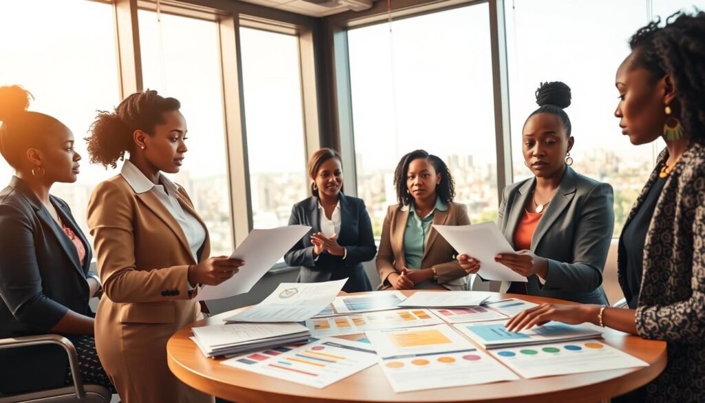 A vibrant and inspiring office environment showcasing a diverse group of women entrepreneurs engaged in discussions about eligibility criteria for business grants. In the foreground, depict two women dressed in professional business attire, reviewing documents and a laptop, with expressions of determination and collaboration. In the middle ground, a round table strewn with papers, grant application forms, and colorful charts illustrating key program highlights. The background features large windows offering a view of an urban landscape, with natural light streaming in, creating an uplifting atmosphere. The overall mood is one of empowerment and ambition, emphasizing growth and support for women entrepreneurs in Africa. Use a warm color palette to evoke positivity and hope. A vibrant and inspiring office environment showcasing a diverse group of women entrepreneurs engaged in discussions about eligibility criteria for business grants. In the foreground, depict two women dressed in professional business attire, reviewing documents and a laptop, with expressions of determination and collaboration. In the middle ground, a round table strewn with papers, grant application forms, and colorful charts illustrating key program highlights. The background features large windows offering a view of an urban landscape, with natural light streaming in, creating an uplifting atmosphere. The overall mood is one of empowerment and ambition, emphasizing growth and support for women entrepreneurs in Africa. Use a warm color palette to evoke positivity and hope.
