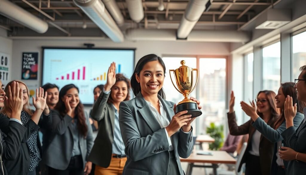 A vibrant and inspiring scene depicting a diverse group of professionals celebrating success in an accelerator program setting. In the foreground, a confident businesswoman in professional attire is holding a trophy, surrounded by colleagues who are smiling and giving high-fives. In the middle ground, a projector displays vibrant graphs and charts showcasing growth and achievements. The background features a modern, well-lit co-working space filled with motivational posters and a large window revealing a bustling cityscape outside. Soft, natural light filters in, creating an uplifting atmosphere. The angle captures the energy of collaboration and triumph, making it feel dynamic and engaging. The overall mood is one of achievement, camaraderie, and forward momentum, symbolizing the journey of success stories in innovation and entrepreneurship. A vibrant and inspiring scene depicting a diverse group of professionals celebrating success in an accelerator program setting. In the foreground, a confident businesswoman in professional attire is holding a trophy, surrounded by colleagues who are smiling and giving high-fives. In the middle ground, a projector displays vibrant graphs and charts showcasing growth and achievements. The background features a modern, well-lit co-working space filled with motivational posters and a large window revealing a bustling cityscape outside. Soft, natural light filters in, creating an uplifting atmosphere. The angle captures the energy of collaboration and triumph, making it feel dynamic and engaging. The overall mood is one of achievement, camaraderie, and forward momentum, symbolizing the journey of success stories in innovation and entrepreneurship.