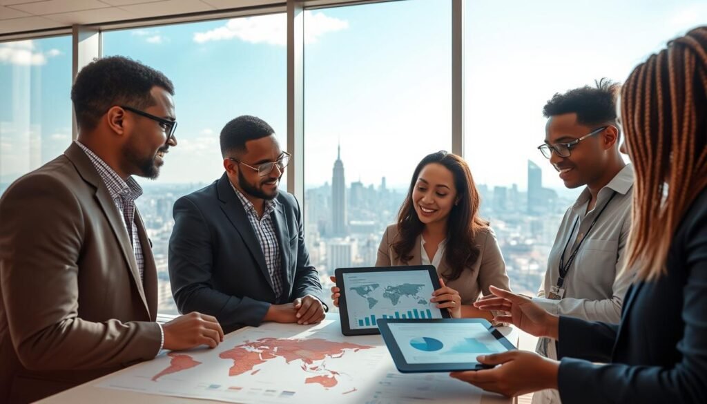 A vibrant and inspiring scene depicting a diverse group of professionals engaged in a collaborative discussion about global impact systems change grants. In the foreground, three individuals dressed in professional business attire are enthusiastically sharing ideas over a digital tablet, showcasing graphs and charts. The middle ground features an array of visual elements representing global initiatives, such as maps, charts, and infographics illustrating social entrepreneurship and sustainable development. In the background, large windows reveal a panoramic city skyline under a bright, optimistic blue sky, symbolizing growth and opportunity. Soft, natural lighting enhances the atmosphere, evoking a sense of innovation and hope. The angle captures both intimacy and scope, conveying the importance of teamwork in creating systemic change for a better world. A vibrant and inspiring scene depicting a diverse group of professionals engaged in a collaborative discussion about global impact systems change grants. In the foreground, three individuals dressed in professional business attire are enthusiastically sharing ideas over a digital tablet, showcasing graphs and charts. The middle ground features an array of visual elements representing global initiatives, such as maps, charts, and infographics illustrating social entrepreneurship and sustainable development. In the background, large windows reveal a panoramic city skyline under a bright, optimistic blue sky, symbolizing growth and opportunity. Soft, natural lighting enhances the atmosphere, evoking a sense of innovation and hope. The angle captures both intimacy and scope, conveying the importance of teamwork in creating systemic change for a better world.