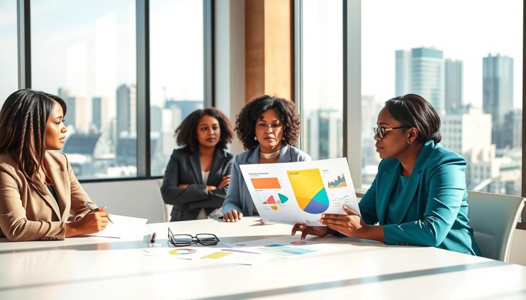 A vibrant and inspiring scene depicting a diverse group of women entrepreneurs in a bright, modern conference room, engaged in discussion around a large table. In the foreground, a Black woman in professional attire passionately presents an innovative business proposal, using colorful charts and graphs. In the middle ground, a South Asian woman attentively listens, taking notes, while a Hispanic woman offers feedback. The background features large windows with natural light pouring in, showcasing a city skyline. Soft shadows add depth to the room, creating a warm, encouraging atmosphere. The scene embodies unity, collaboration, and the spirit of mentorship, illustrating the diverse funding resources available for women entrepreneurs in Africa. The focus is on empowerment and innovation in a professional setting. A vibrant and inspiring scene depicting a diverse group of women entrepreneurs in a bright, modern conference room, engaged in discussion around a large table. In the foreground, a Black woman in professional attire passionately presents an innovative business proposal, using colorful charts and graphs. In the middle ground, a South Asian woman attentively listens, taking notes, while a Hispanic woman offers feedback. The background features large windows with natural light pouring in, showcasing a city skyline. Soft shadows add depth to the room, creating a warm, encouraging atmosphere. The scene embodies unity, collaboration, and the spirit of mentorship, illustrating the diverse funding resources available for women entrepreneurs in Africa. The focus is on empowerment and innovation in a professional setting.