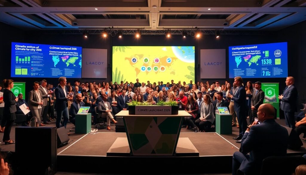 A vibrant climate competition stage set for "Climate Launchpad 2026." In the foreground, a sleek, modern podium with eco-friendly materials is front and center, adorned with innovative green technology displays. On either side, diverse participants in professional business attire showcase their startup ideas, energetically engaging with the audience. In the middle ground, an audience of enthusiastic onlookers is captivated, representing a mix of backgrounds and ages, highlighting the global reach of climate innovation. The background features large screens displaying colorful infographics related to climate solutions. Soft, natural lighting creates a welcoming atmosphere, casting warm tones throughout the scene, and a wide-angle perspective emphasizes the scale of excitement and opportunity in the air. A vibrant climate competition stage set for "Climate Launchpad 2026." In the foreground, a sleek, modern podium with eco-friendly materials is front and center, adorned with innovative green technology displays. On either side, diverse participants in professional business attire showcase their startup ideas, energetically engaging with the audience. In the middle ground, an audience of enthusiastic onlookers is captivated, representing a mix of backgrounds and ages, highlighting the global reach of climate innovation. The background features large screens displaying colorful infographics related to climate solutions. Soft, natural lighting creates a welcoming atmosphere, casting warm tones throughout the scene, and a wide-angle perspective emphasizes the scale of excitement and opportunity in the air.