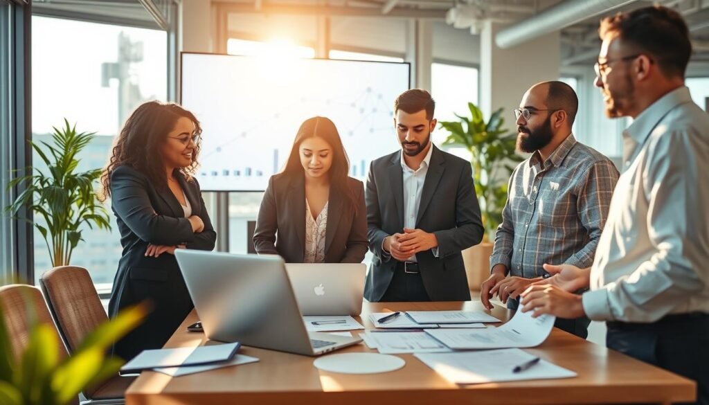 A vibrant, dynamic network of diverse professionals engaged in discussions about funding and mentorship, set in a modern office space. In the foreground, a group of four individuals, including a Black woman in a business suit, a Hispanic man in smart casual wear, an Asian woman in a blazer, and a Middle-Eastern man in a button-up shirt, are gathered around a table with laptops and documents, brainstorming ideas. The middle ground features a large screen displaying graphs and networking diagrams. In the background, bright sunlight filters through large windows, creating a warm and inviting atmosphere. The focus is on collaboration and innovation, with a sense of energetic optimism for future opportunities. The image should have a slightly blurred background for depth, capturing the essence of teamwork and mentorship in 2026. A vibrant, dynamic network of diverse professionals engaged in discussions about funding and mentorship, set in a modern office space. In the foreground, a group of four individuals, including a Black woman in a business suit, a Hispanic man in smart casual wear, an Asian woman in a blazer, and a Middle-Eastern man in a button-up shirt, are gathered around a table with laptops and documents, brainstorming ideas. The middle ground features a large screen displaying graphs and networking diagrams. In the background, bright sunlight filters through large windows, creating a warm and inviting atmosphere. The focus is on collaboration and innovation, with a sense of energetic optimism for future opportunities. The image should have a slightly blurred background for depth, capturing the essence of teamwork and mentorship in 2026.