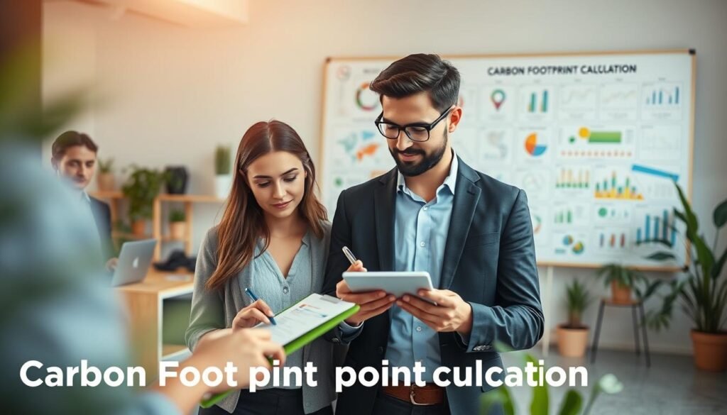 A visually engaging carbon footprint calculation guide. In the foreground, showcase a diverse group of individuals—two professionals, a woman and a man, both in business attire—analyzing data on a tablet and jotting down notes on a clipboard. In the middle, include a vibrant, open workspace with eco-friendly materials, like recycled paper and plants. In the background, display a large whiteboard filled with colorful diagrams and charts illustrating the components of carbon footprint calculation. Use soft, natural lighting that creates a warm, inviting atmosphere. The lens should provide a slightly angled perspective to enhance the depth, emphasizing collaboration. The overall mood reflects focus and determination in striving for environmental sustainability. A visually engaging carbon footprint calculation guide. In the foreground, showcase a diverse group of individuals—two professionals, a woman and a man, both in business attire—analyzing data on a tablet and jotting down notes on a clipboard. In the middle, include a vibrant, open workspace with eco-friendly materials, like recycled paper and plants. In the background, display a large whiteboard filled with colorful diagrams and charts illustrating the components of carbon footprint calculation. Use soft, natural lighting that creates a warm, inviting atmosphere. The lens should provide a slightly angled perspective to enhance the depth, emphasizing collaboration. The overall mood reflects focus and determination in striving for environmental sustainability.