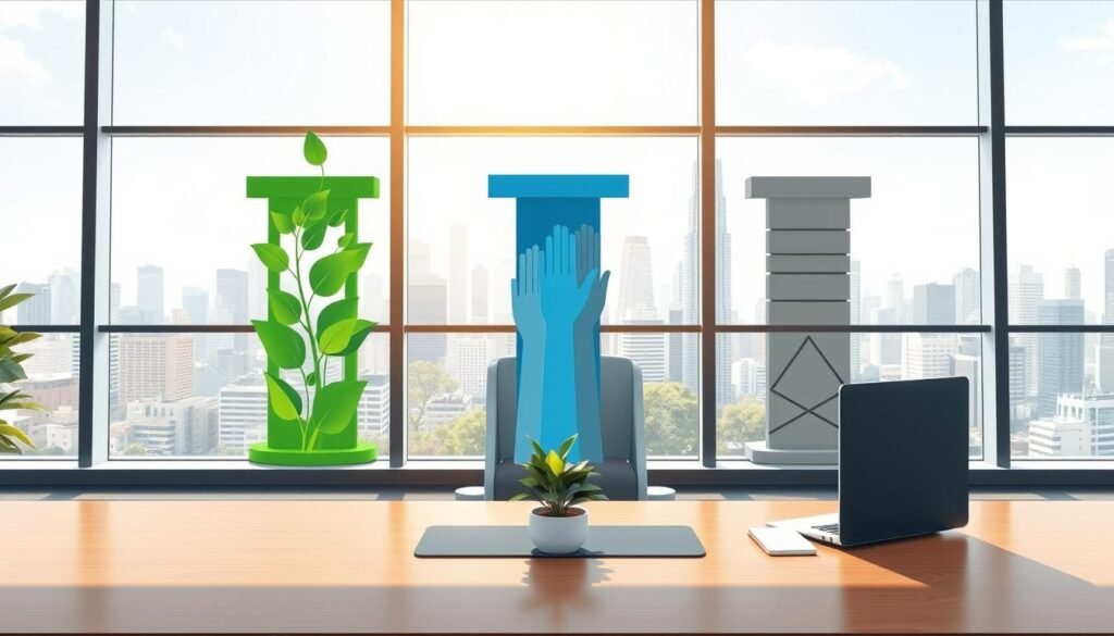 A visually engaging illustration representing the three pillars of Environmental, Social, and Governance (ESG) in a harmonious and corporate setting. In the foreground, a sleek, modern office desk featuring eco-friendly materials, with a small potted plant symbolizing the Environmental pillar. In the middle, three distinct yet interconnected pillars, each beautifully designed: a green pillar for Environment adorned with leaves and water droplets, a blue pillar for Social with diverse hands reaching out, and a gray pillar for Governance structured with clean lines and abstract shapes. In the background, large windows show a vibrant city skyline under bright, natural lighting, conveying a sense of optimism and progress. The mood is professional and inspiring, echoing themes of responsibility and innovation. A visually engaging illustration representing the three pillars of Environmental, Social, and Governance (ESG) in a harmonious and corporate setting. In the foreground, a sleek, modern office desk featuring eco-friendly materials, with a small potted plant symbolizing the Environmental pillar. In the middle, three distinct yet interconnected pillars, each beautifully designed: a green pillar for Environment adorned with leaves and water droplets, a blue pillar for Social with diverse hands reaching out, and a gray pillar for Governance structured with clean lines and abstract shapes. In the background, large windows show a vibrant city skyline under bright, natural lighting, conveying a sense of optimism and progress. The mood is professional and inspiring, echoing themes of responsibility and innovation.
