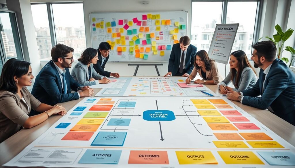 A visually engaging scene depicting the mapping of an organization's mission with a dynamic logic model. In the foreground, a diverse group of professionals in business attire is gathered around a large table, collaborating over a colorful, detailed logic model spread out before them. The model features clear boxes and arrows illustrating inputs, activities, outputs, outcomes, and impacts. In the middle ground, a large whiteboard is filled with colorful charts and sticky notes, symbolizing brainstorming and strategic planning. The background features a bright, well-lit office space with large windows letting in natural light, creating an optimistic atmosphere. Use a slight tilt-angle to capture the collaborative environment, emphasizing energy and focus among the team members. A visually engaging scene depicting the mapping of an organization's mission with a dynamic logic model. In the foreground, a diverse group of professionals in business attire is gathered around a large table, collaborating over a colorful, detailed logic model spread out before them. The model features clear boxes and arrows illustrating inputs, activities, outputs, outcomes, and impacts. In the middle ground, a large whiteboard is filled with colorful charts and sticky notes, symbolizing brainstorming and strategic planning. The background features a bright, well-lit office space with large windows letting in natural light, creating an optimistic atmosphere. Use a slight tilt-angle to capture the collaborative environment, emphasizing energy and focus among the team members.