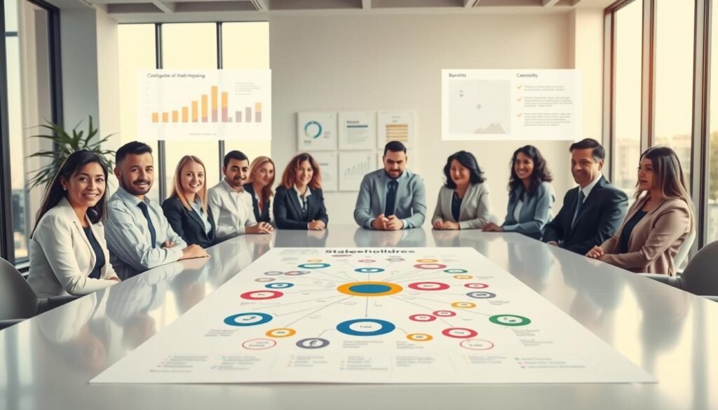 A visually engaging scene illustrating the benefits of stakeholder mapping. In the foreground, a diverse group of professionals in business attire are gathered around a large, colorful stakeholder mapping chart displayed on a smooth conference table. This chart contains clear visuals, such as circles and connecting lines, symbolizing relationships and influence. In the middle ground, additional charts and infographics highlight key benefits like communication, collaboration, and clarity. The background features a bright, modern office space with large windows letting in soft, natural light, suggesting a productive atmosphere. The overall mood is inspiring and professional, capturing the essence of teamwork and strategic planning. Ideal angle: slightly elevated to encompass the interaction around the table. A visually engaging scene illustrating the benefits of stakeholder mapping. In the foreground, a diverse group of professionals in business attire are gathered around a large, colorful stakeholder mapping chart displayed on a smooth conference table. This chart contains clear visuals, such as circles and connecting lines, symbolizing relationships and influence. In the middle ground, additional charts and infographics highlight key benefits like communication, collaboration, and clarity. The background features a bright, modern office space with large windows letting in soft, natural light, suggesting a productive atmosphere. The overall mood is inspiring and professional, capturing the essence of teamwork and strategic planning. Ideal angle: slightly elevated to encompass the interaction around the table.
