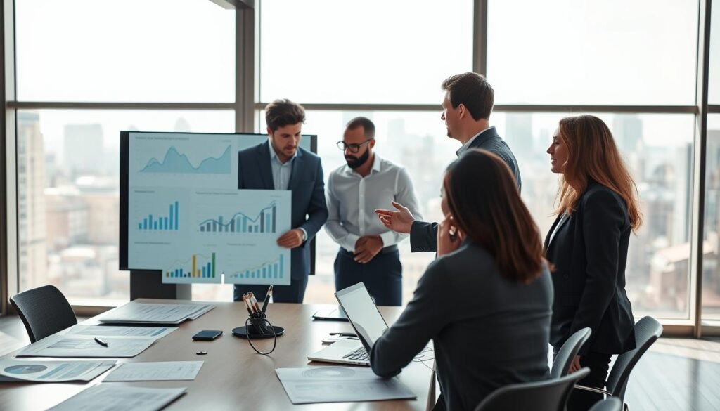 A visually engaging workspace featuring several professionals engaging in a collaborative session on impact measurement. In the foreground, a diverse group of three individuals, dressed in smart business attire, examining charts and graphs on a large screen. The middle layer shows a modern office environment with a large conference table covered in papers, laptops, and impact measurement visuals. In the background, large windows let in natural light, creating a bright atmosphere, with a cityscape subtly visible. The mood is focused and energetic, conveying teamwork and innovation. Use soft lighting to enhance the professional ambiance and a slight depth of field to draw attention to the group’s engagement in discussion. A visually engaging workspace featuring several professionals engaging in a collaborative session on impact measurement. In the foreground, a diverse group of three individuals, dressed in smart business attire, examining charts and graphs on a large screen. The middle layer shows a modern office environment with a large conference table covered in papers, laptops, and impact measurement visuals. In the background, large windows let in natural light, creating a bright atmosphere, with a cityscape subtly visible. The mood is focused and energetic, conveying teamwork and innovation. Use soft lighting to enhance the professional ambiance and a slight depth of field to draw attention to the group’s engagement in discussion.