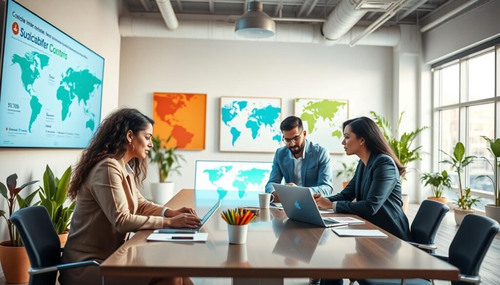 A vivid scene depicting innovative approaches in social impact, featuring a diverse group of professionals collaborating around a modern conference table. In the foreground, two women and a man in professional business attire discuss ideas while using digital tools and devices. In the middle ground, large screens display dynamic infographics and data visualizations related to social programs. The background shows an open, bright office space filled with plants and artwork representing global communities. Soft, natural lighting filters through large windows, creating a warm and inspiring atmosphere. The angle is slightly elevated to capture both the collaboration at the table and the engaging environment, conveying a sense of innovation and positive change. A vivid scene depicting innovative approaches in social impact, featuring a diverse group of professionals collaborating around a modern conference table. In the foreground, two women and a man in professional business attire discuss ideas while using digital tools and devices. In the middle ground, large screens display dynamic infographics and data visualizations related to social programs. The background shows an open, bright office space filled with plants and artwork representing global communities. Soft, natural lighting filters through large windows, creating a warm and inspiring atmosphere. The angle is slightly elevated to capture both the collaboration at the table and the engaging environment, conveying a sense of innovation and positive change.
