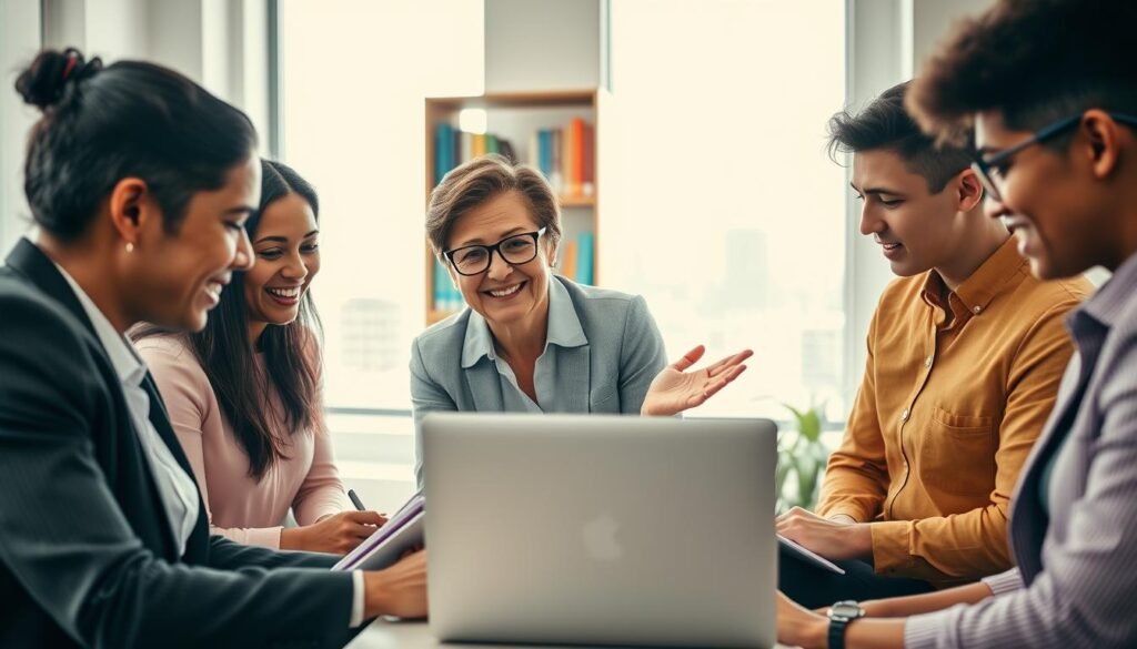 A warm and inviting mentoring session in a bright, modern office space. In the foreground, a diverse group of four professionals, dressed in business attire, engage in a lively discussion over a laptop and notebooks. A mid-aged woman with glasses gestures animatedly, conveying support and guidance. In the middle ground, a large window illuminates the room with natural light, showcasing a view of a vibrant cityscape. On a bookshelf in the background, colorful books on entrepreneurship and leadership hint at the theme of mentorship. The atmosphere is collaborative and uplifting, emphasizing teamwork and growth. Soft, diffused lighting creates an inspiring environment, while a wide-angle lens captures the interactions, making each mentor-mentee connection feel intimate and impactful. A warm and inviting mentoring session in a bright, modern office space. In the foreground, a diverse group of four professionals, dressed in business attire, engage in a lively discussion over a laptop and notebooks. A mid-aged woman with glasses gestures animatedly, conveying support and guidance. In the middle ground, a large window illuminates the room with natural light, showcasing a view of a vibrant cityscape. On a bookshelf in the background, colorful books on entrepreneurship and leadership hint at the theme of mentorship. The atmosphere is collaborative and uplifting, emphasizing teamwork and growth. Soft, diffused lighting creates an inspiring environment, while a wide-angle lens captures the interactions, making each mentor-mentee connection feel intimate and impactful.