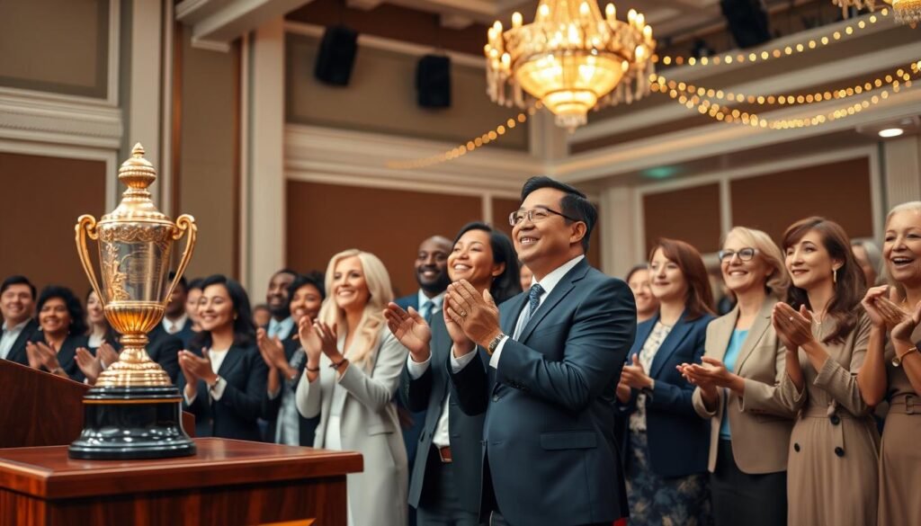 An elegant award ceremony scene in a beautifully decorated hall, with a diverse group of individuals dressed in professional business attire, engaged in a moment of joyful applause. In the foreground, an ornate trophy on a polished wooden podium catches the light, symbolizing achievement. The middle ground features a group of passionate speakers and attendees smiling and sharing their stories of impactful change. In the background, soft, warm string lights hang overhead, creating an inviting ambiance. The atmosphere is filled with energy and optimism, reflecting the theme of celebration and progress. The lighting is soft yet bright, highlighting the excitement of the event, shot from a slightly elevated angle to encompass the scene. An elegant award ceremony scene in a beautifully decorated hall, with a diverse group of individuals dressed in professional business attire, engaged in a moment of joyful applause. In the foreground, an ornate trophy on a polished wooden podium catches the light, symbolizing achievement. The middle ground features a group of passionate speakers and attendees smiling and sharing their stories of impactful change. In the background, soft, warm string lights hang overhead, creating an inviting ambiance. The atmosphere is filled with energy and optimism, reflecting the theme of celebration and progress. The lighting is soft yet bright, highlighting the excitement of the event, shot from a slightly elevated angle to encompass the scene.