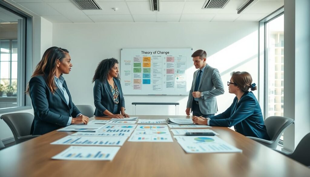 An office setting with a large table in the foreground, where a diverse group of three professionals in business attire are engaged in a collaborative discussion about evaluation monitoring strategies, using charts and graphs spread out in front of them. In the middle background, a whiteboard displays colorful diagrams illustrating a theory of change framework. The ambiance is bright and focused, with natural light streaming in from large windows, casting soft shadows. The atmosphere conveys a sense of teamwork and productivity, showcasing the importance of effective evaluation in project management. The camera angle is slightly above eye level, capturing both the participants and the visual aids, with a shallow depth of field to keep the focus on their interaction and the materials on the table. An office setting with a large table in the foreground, where a diverse group of three professionals in business attire are engaged in a collaborative discussion about evaluation monitoring strategies, using charts and graphs spread out in front of them. In the middle background, a whiteboard displays colorful diagrams illustrating a theory of change framework. The ambiance is bright and focused, with natural light streaming in from large windows, casting soft shadows. The atmosphere conveys a sense of teamwork and productivity, showcasing the importance of effective evaluation in project management. The camera angle is slightly above eye level, capturing both the participants and the visual aids, with a shallow depth of field to keep the focus on their interaction and the materials on the table.