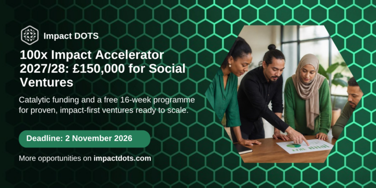 100x Impact Accelerator 2027/28 card: 150,000 pounds funding for social ventures, deadline 2 November 2026, Impact DOTS